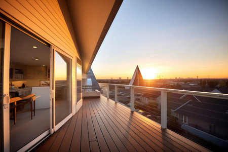 sunset view with aframe silhouette and lit loft balconyの素材