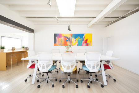 bright office space with white conference table and colorful ergonomic chairsの素材