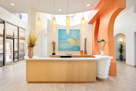 modern lobby area with an unusual reception desk and irregular columnsの素材