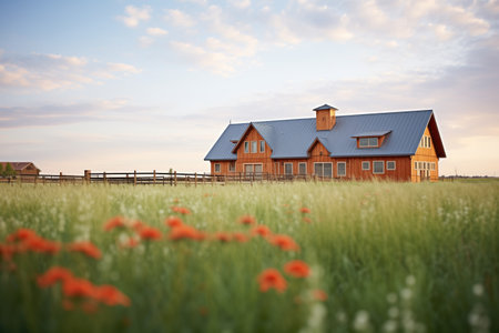 rustic wooden barn with red brick accents in prairie fieldの素材