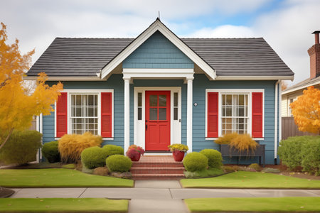 classic shingle covered house with red door and shuttersの素材
