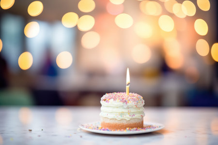 cake with a lit birthday candle, unfocused backgroundの素材
