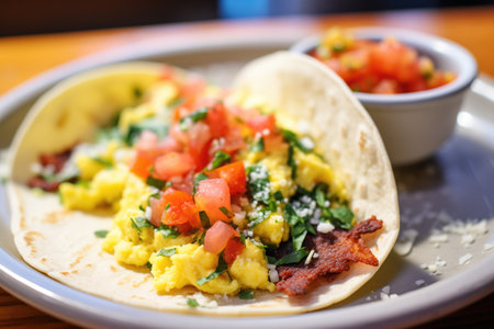 close-up of breakfast taco with scrambled eggs, salsa, and cheeseの素材