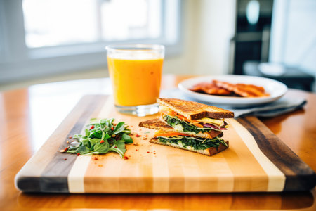 soup paired with a grilled cheese sandwich on a wooden boardの素材