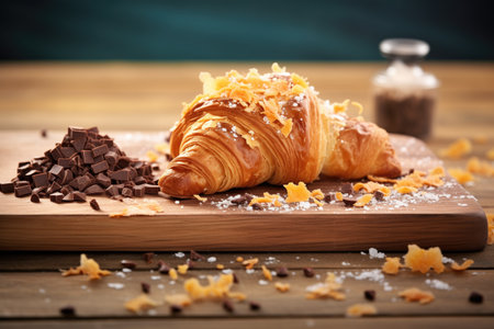 croissant with chocolate pieces on a boardの素材