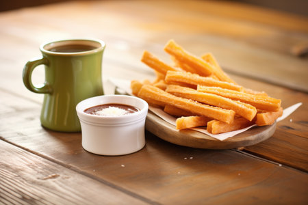 churros and hot coffee on a rustic wood tableの素材