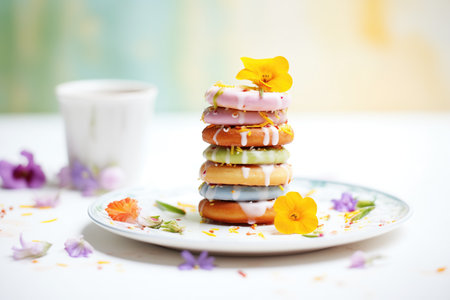 colorful donuts stacked on a white plateの素材