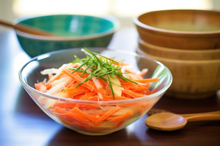 close-up of sliced fermented carrots and ginger strands in a bowlの素材