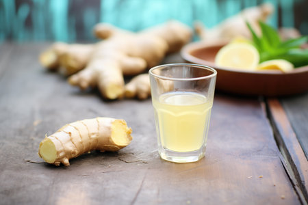 fresh ginger root next to a filled shot glassの素材