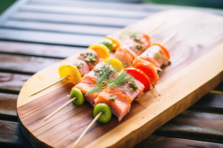 raw salmon kebab skewers with dill on a cedar plankの素材