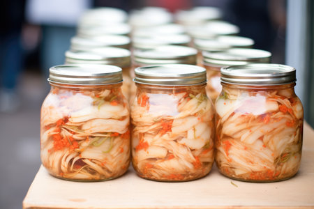 jars of kimchi lined up for sale at a local food marketの素材