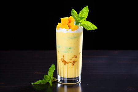 mango milkshake with mango chunks and mint leaf garnishの素材