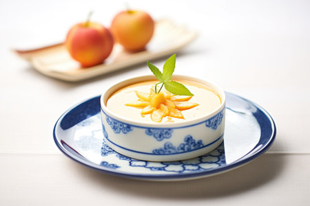 peach mousse in a ceramic dish with peach slice on topの素材
