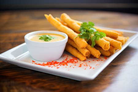 mozzarella sticks with a spicy dipping sauce, red chili scattered aroundの素材