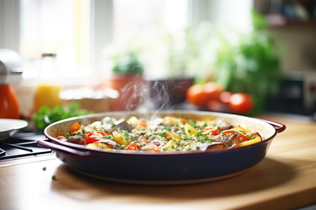 oven-baked ratatouille in a ceramic dish, steam risingの素材