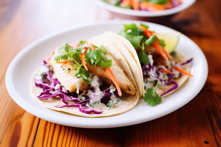 baja fish tacos in blue corn tortillas with creamy slawの素材