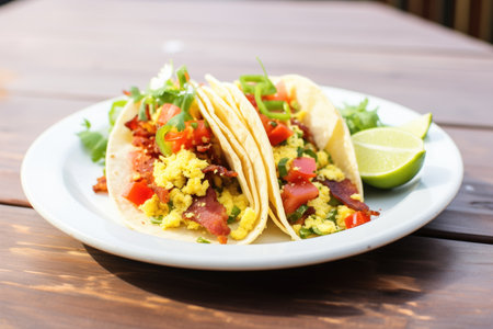 fresh breakfast tacos with scrambled eggs and bacon bitsの素材
