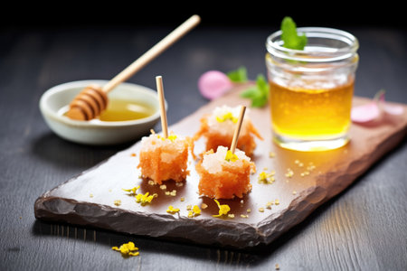 turkish delight with a honey drizzle, on a slate board, with a honey dipperの素材
