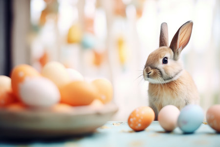 real rabbit beside pastelcolored easter eggsの素材