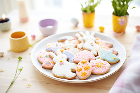 bunnyshaped cookies and easter eggs on a plateの素材