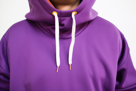 closeup hood detail of purple hoodie, white bgの素材
