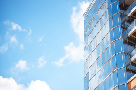 glass skyscraper facade reflecting blue skyの素材