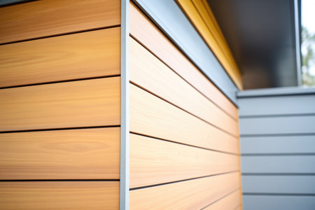 closeup of wooden slats on modern buildingの素材
