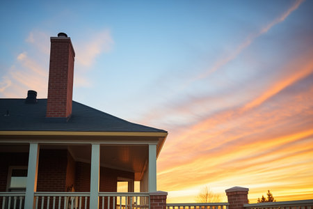 sunset silhouette of prairie, brick chimney and wood roofの素材