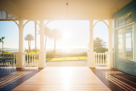 morning sunlight over a grand veranda overlooking seaの素材
