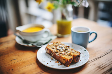 sliced banana bread with a cup of coffeeの素材