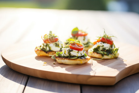grilled zucchini and goat cheese bruschettas in sunlightの素材