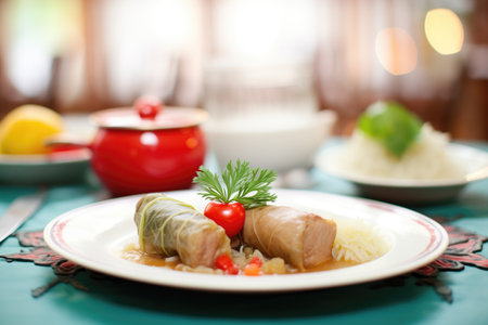 festive table setting with plate of cabbage rolls and garnishの素材