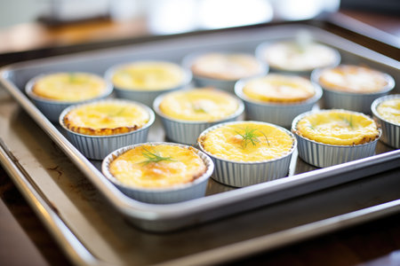 individual baked cheesecakes in muffin liners on trayの素材