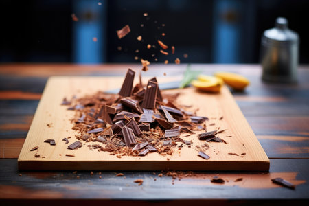 chocolate bar shavings on a wooden boardの素材