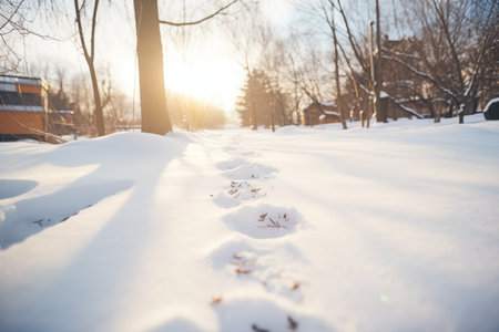 snow-covered trail with footsteps leading awayの素材