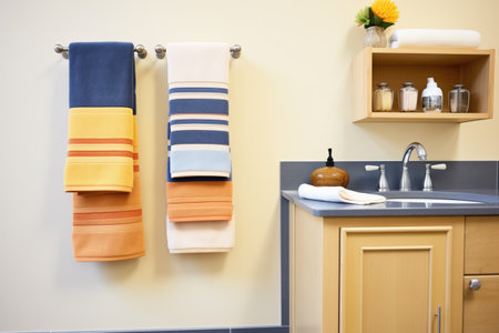 bath and hand towels in a color-coordinated displayの素材