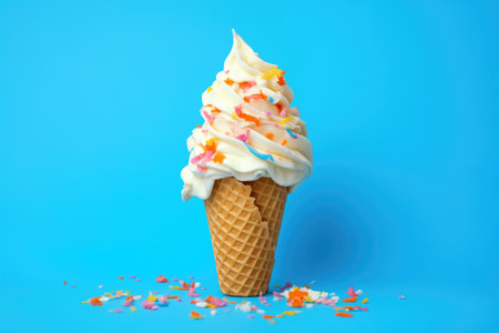 vanilla soft serve in a waffle cone on blue backgroundの素材