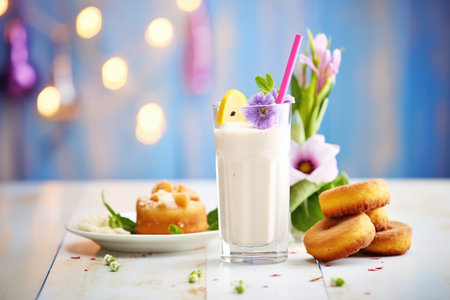 milkshake with doughnut on the straw, pastries in the backdropの素材