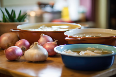 onion soup being ladled into bowls, pot in backgroundの素材