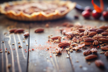 fresh pecans scattered around a baked pie on a wooden tableの素材