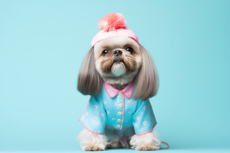 shih tzu in a cute pet outfit after a grooming sessionの素材