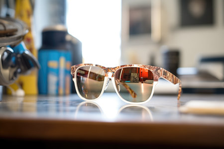 camera view showing the studio environment reflected in a models sunglassesの素材