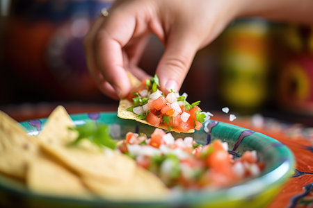 hand scooping pico de gallo with a tortilla chipの素材