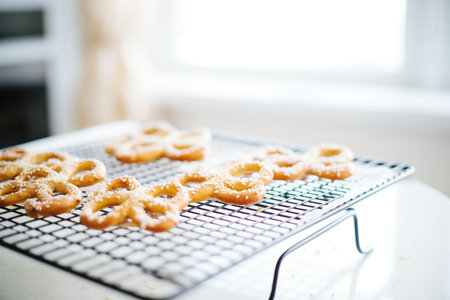 freshly baked pretzels on a cooling rackの素材