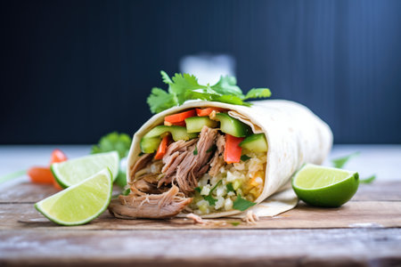 pulled pork burrito cut in sections with lime wedgesの素材