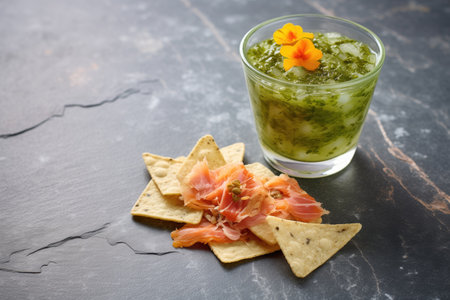 salsa verde with nachos on a stone surfaceの素材