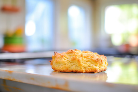 close-up of buttermilk biscuit on wire rack, kitchen tableの素材