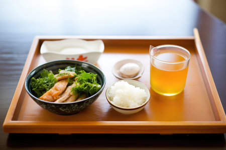 a lunch tray with miso soup, rice, tofu, and tsukemono sideの素材