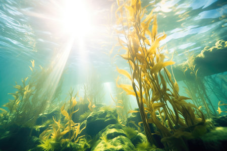 sun rays penetrating a kelp forest underwaterの素材