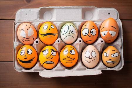 eggs with cartoon faces drawn in a cardboard cartonの素材